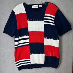 Alfred Dunner Red White Blue Patchwork Knit Rhinestone Short Sleeve Top S
